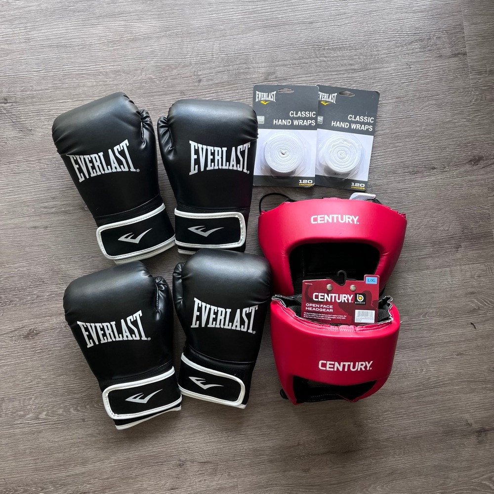 Everlast Boxing Gloves Century Brave Headgear Hand Wraps MMA Training Bundle Set